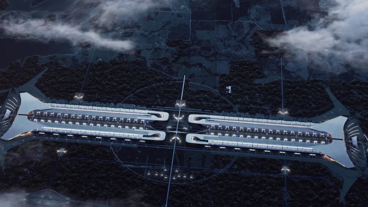 Futuristic space station with twin parallel modules connected in the center, hovering above a dark, forested planet surface at dusk.