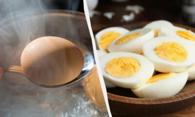 Split image: left side shows a single egg being boiled in steam, right side shows sliced hard-boiled eggs in a wooden bowl