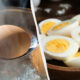 Split image: left side shows a single egg being boiled in steam, right side shows sliced hard-boiled eggs in a wooden bowl