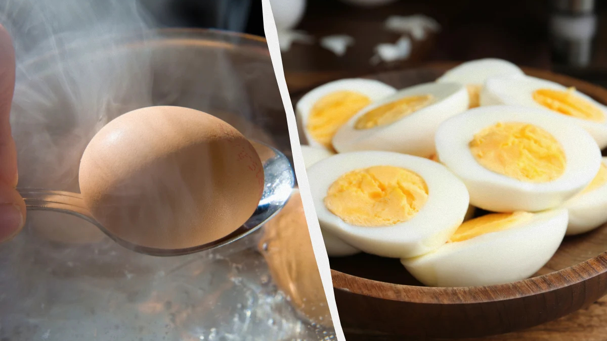 Split image: left side shows a single egg being boiled in steam, right side shows sliced hard-boiled eggs in a wooden bowl