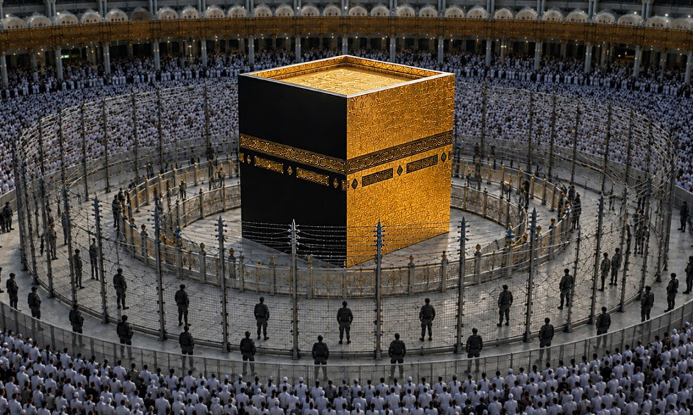 The Kaaba, a black cuboid with gold detailing, surrounded by pilgrims in white robes inside a large mosque courtyard.