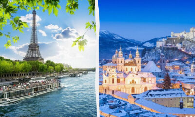 Split image: Paris on the left with the Seine and the Eiffel Tower, trees and boats; on the right, a snow-covered European city with domed churches and a hilltop fortress.
