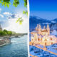 Split image: Paris on the left with the Seine and the Eiffel Tower, trees and boats; on the right, a snow-covered European city with domed churches and a hilltop fortress.