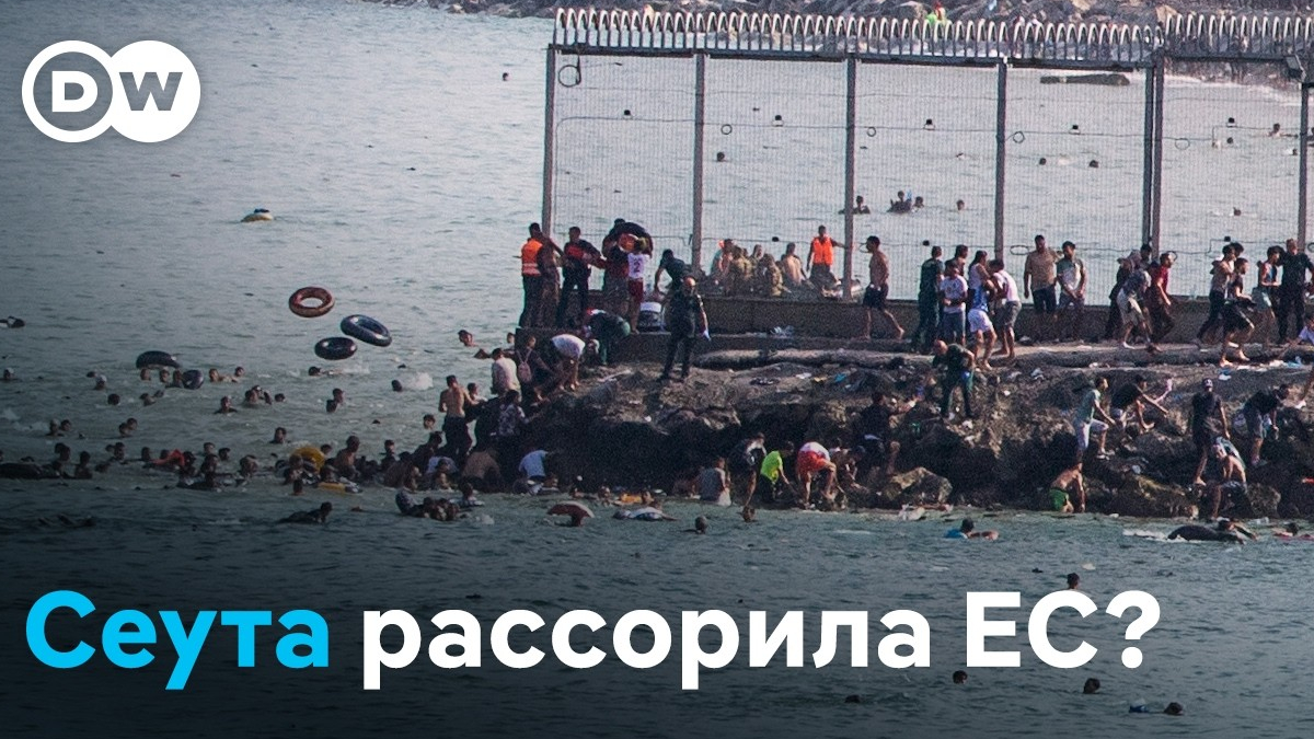 Crowded rocky shoreline with many swimmers near a fenced seawall; DW logo in top-left corner.
