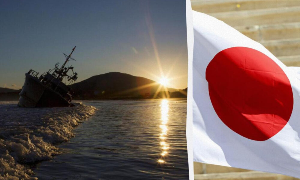Split image: a beached boat at sunset on the left, and a waving Japanese flag on the right.