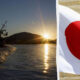 Split image: a beached boat at sunset on the left, and a waving Japanese flag on the right.