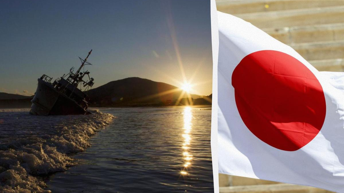 Split image: a beached boat at sunset on the left, and a waving Japanese flag on the right.