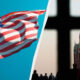 Waving US flag against a blue sky on the left, with Moscow's Kremlin clock tower visible through a dark window on the right (split image).