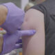 Healthcare worker with purple gloves giving a vaccine shot to a person's upper arm in a clinic setting.
