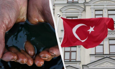 Hands cupping water on the left, and a red Turkish flag waving in front of a pale, classical building on the right.
