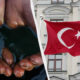 Hands cupping water on the left, and a red Turkish flag waving in front of a pale, classical building on the right.