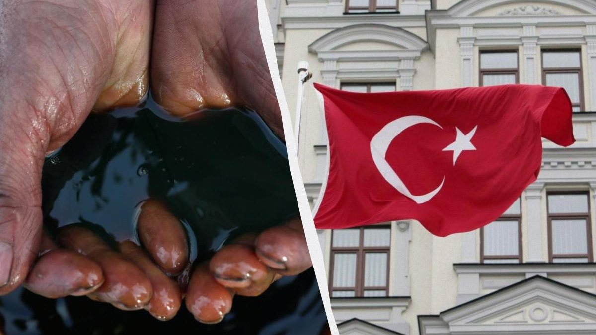 Hands cupping water on the left, and a red Turkish flag waving in front of a pale, classical building on the right.