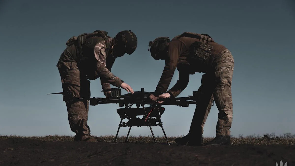 Two soldiers in combat gear inspect a quadcopter drone on the ground outdoors on a field.
