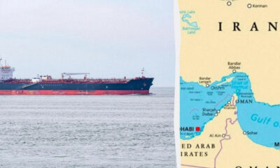 Large cargo ship at sea next to a map highlighting Iran and the Gulf region.