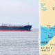 Large cargo ship at sea next to a map highlighting Iran and the Gulf region.