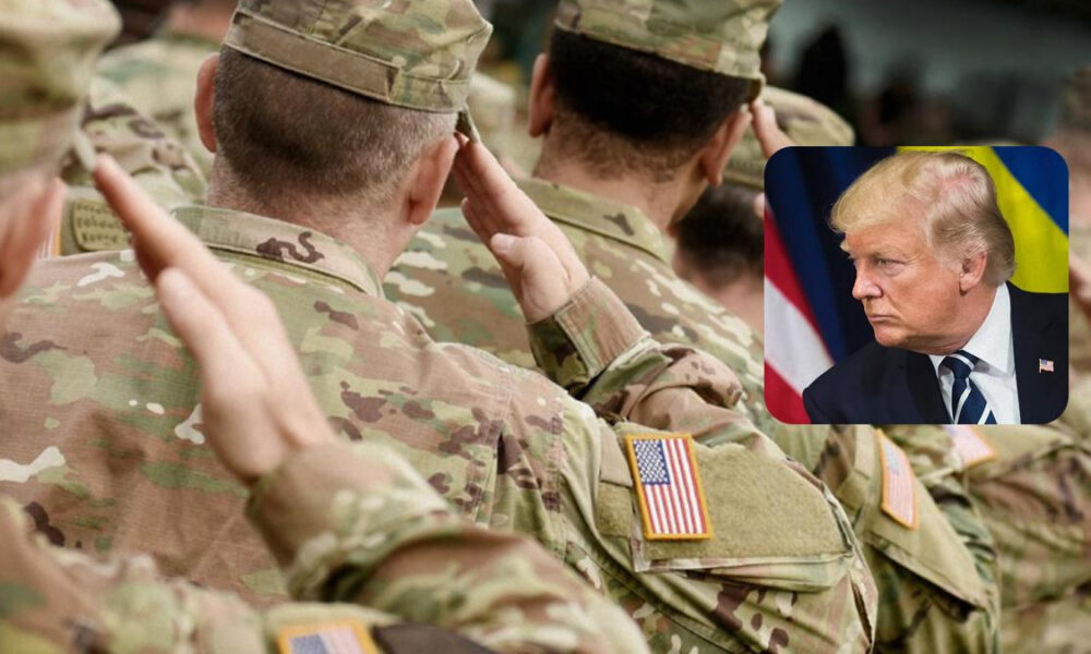 Soldiers in camouflage saluting; inset shows a blond-haired man in a suit with flags in the background.