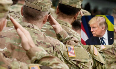 Soldiers in camouflage saluting; inset shows a blond-haired man in a suit with flags in the background.