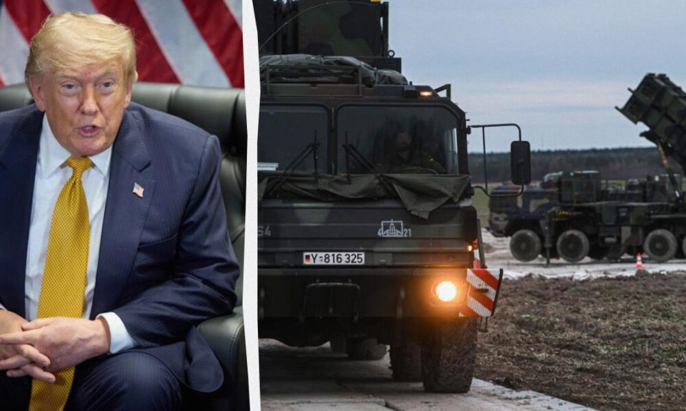 Split image: a man in a dark suit with a yellow tie speaking, and a convoy of military trucks with missiles on a field.