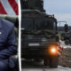 Split image: a man in a dark suit with a yellow tie speaking, and a convoy of military trucks with missiles on a field.