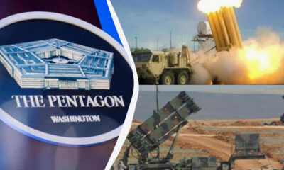 Composite image showing The Pentagon seal on the left and missiles launching on the right, illustrating U.S. defense.