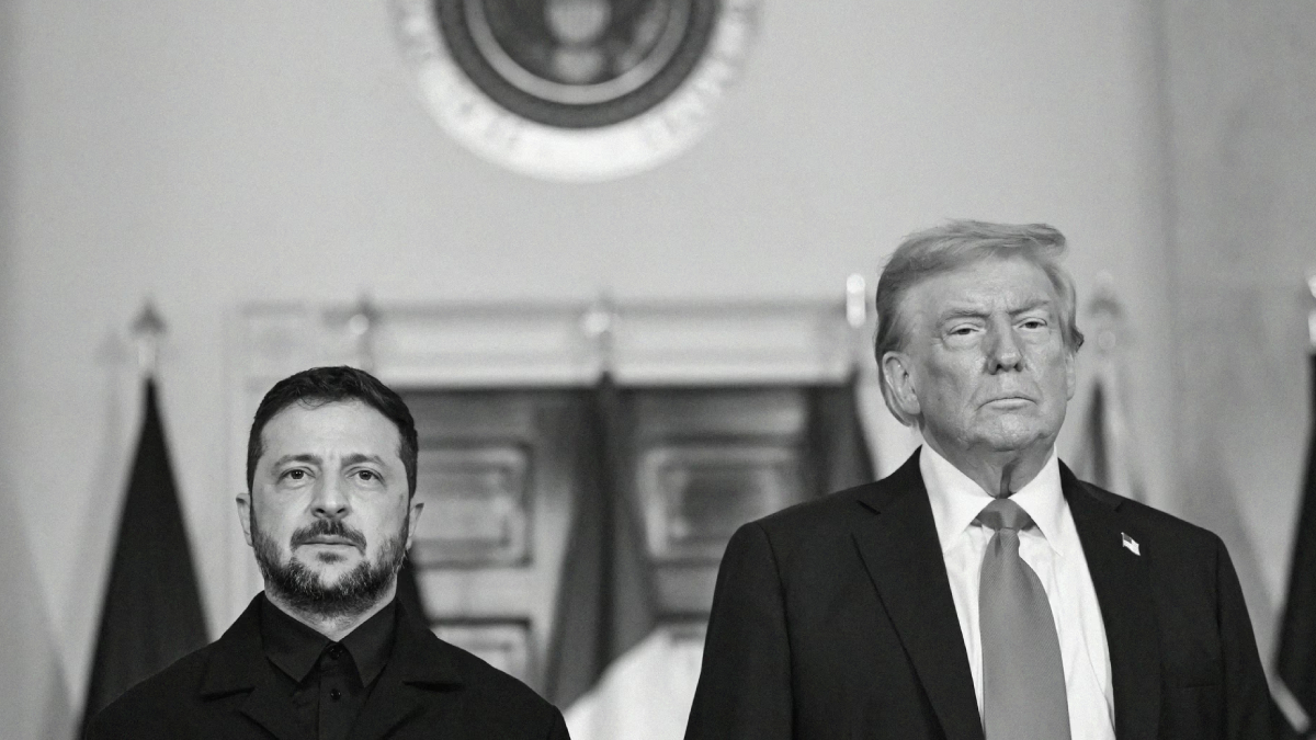 Two men in dark suits stand side by side in a formal government room with flags and an official seal above.