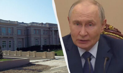 Split image: a large neoclassical building on the left and a man in a suit speaking into microphones on the right, separated by a white divider.