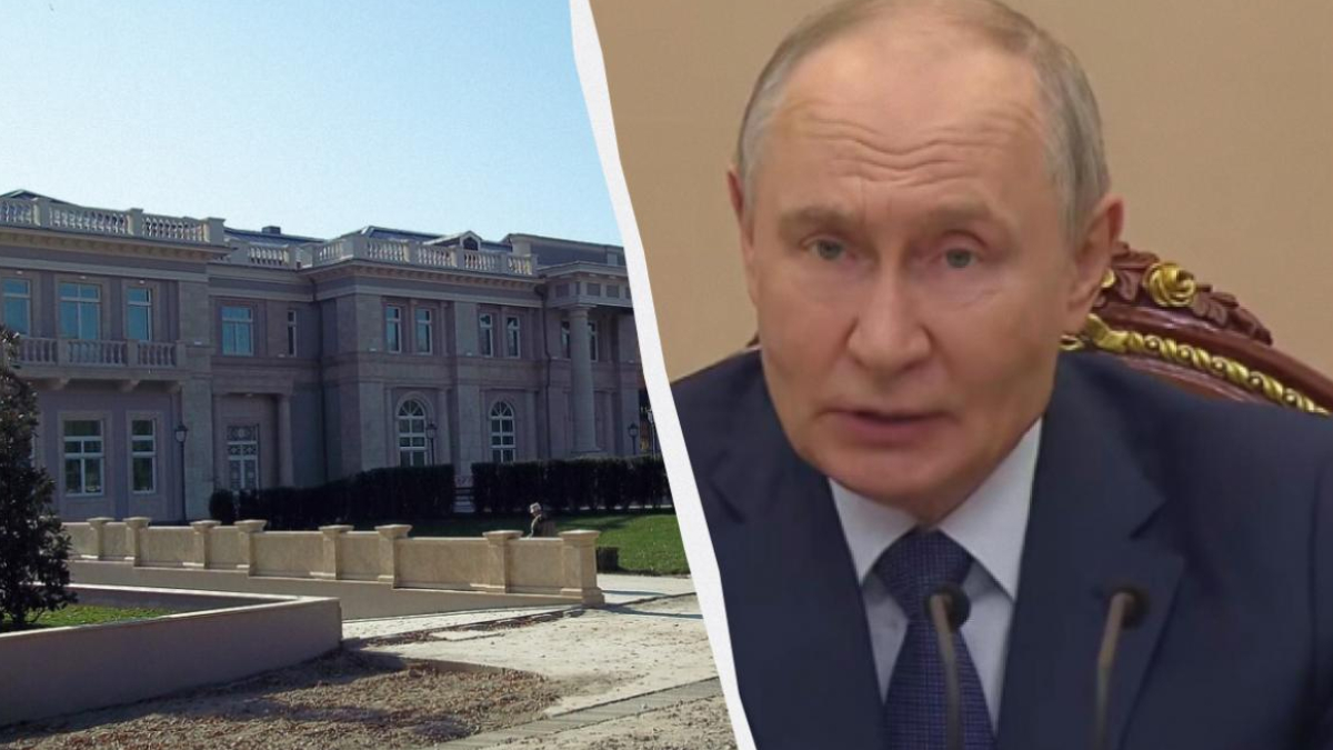 Split image: a large neoclassical building on the left and a man in a suit speaking into microphones on the right, separated by a white divider.