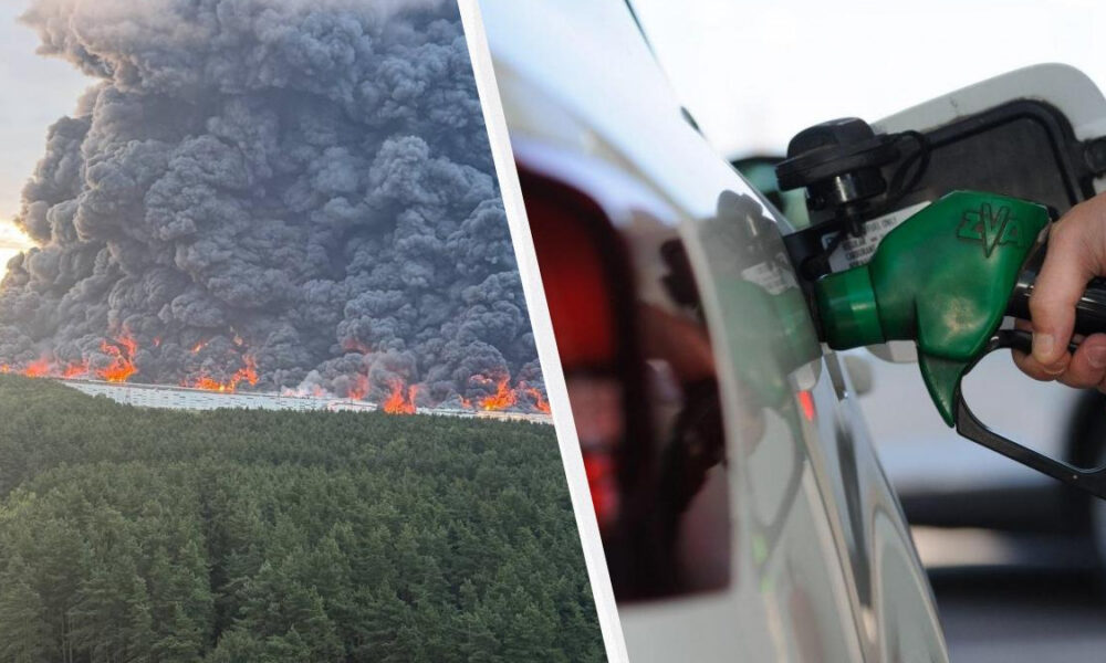Split image: a wildfire with dense smoke over a forest on the left and a person fueling a white car with a green nozzle on the right.