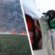 Split image: a wildfire with dense smoke over a forest on the left and a person fueling a white car with a green nozzle on the right.