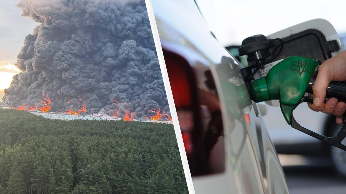Split image: a wildfire with dense smoke over a forest on the left and a person fueling a white car with a green nozzle on the right.