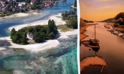Split aerial image: left shows a small tree-covered island with a white house and sandy shores in turquoise water; right shows a sunset river scene with boats docked along the banks and a central sailboat.