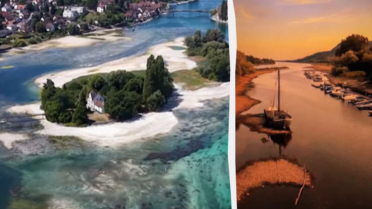Split aerial image: left shows a small tree-covered island with a white house and sandy shores in turquoise water; right shows a sunset river scene with boats docked along the banks and a central sailboat.