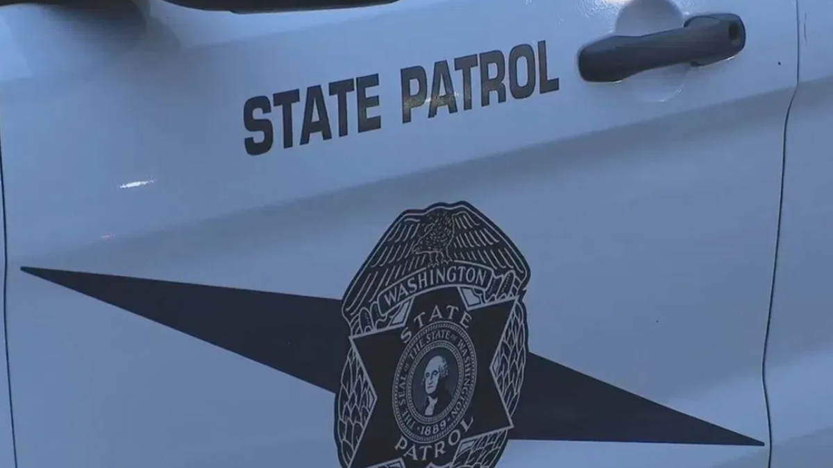 White state patrol vehicle door with a black diagonal stripe, the State Patrol badge centered on the door, and the words STATE PATROL above the badge.