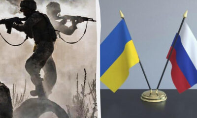Split image: left shows soldiers advancing with rifles in smoky battlefield; right shows Ukrainian and Russian flags on gold stands.