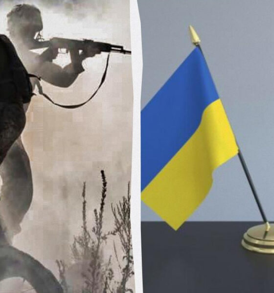 Split image: left shows soldiers advancing with rifles in smoky battlefield; right shows Ukrainian and Russian flags on gold stands.
