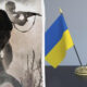 Split image: left shows soldiers advancing with rifles in smoky battlefield; right shows Ukrainian and Russian flags on gold stands.