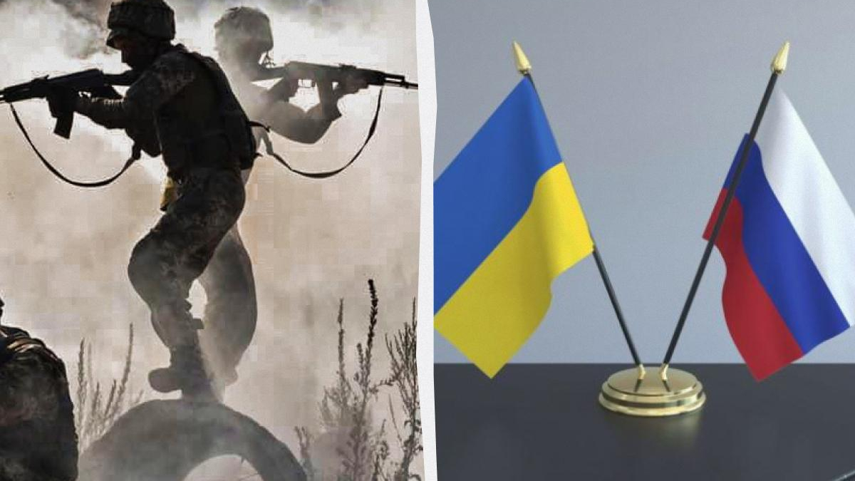 Split image: left shows soldiers advancing with rifles in smoky battlefield; right shows Ukrainian and Russian flags on gold stands.