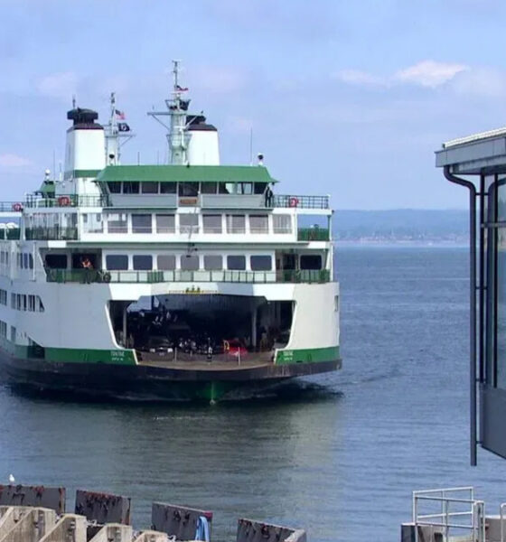 White and green passenger ferry approaching a pier, with the rear loading ramp open and vehicles visible on deck
