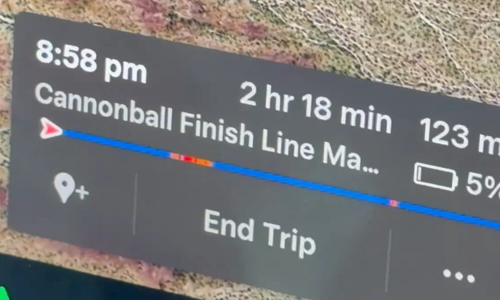 Navigation card showing trip progress: time, duration, distance, and a progress bar with End Trip option.
