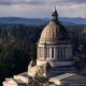 Neoclassical capitol dome rising above trees with distant hills in the background.
