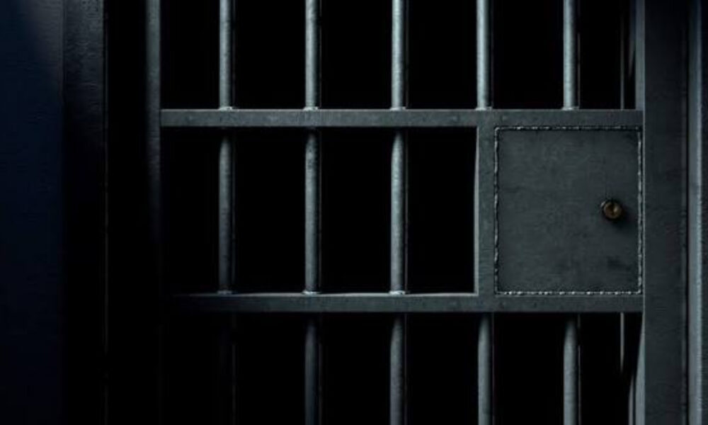 Close-up of dark metal prison bars with a small square access panel and a keyhole on the right side.