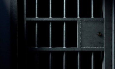 Close-up of dark metal prison bars with a small square access panel and a keyhole on the right side.