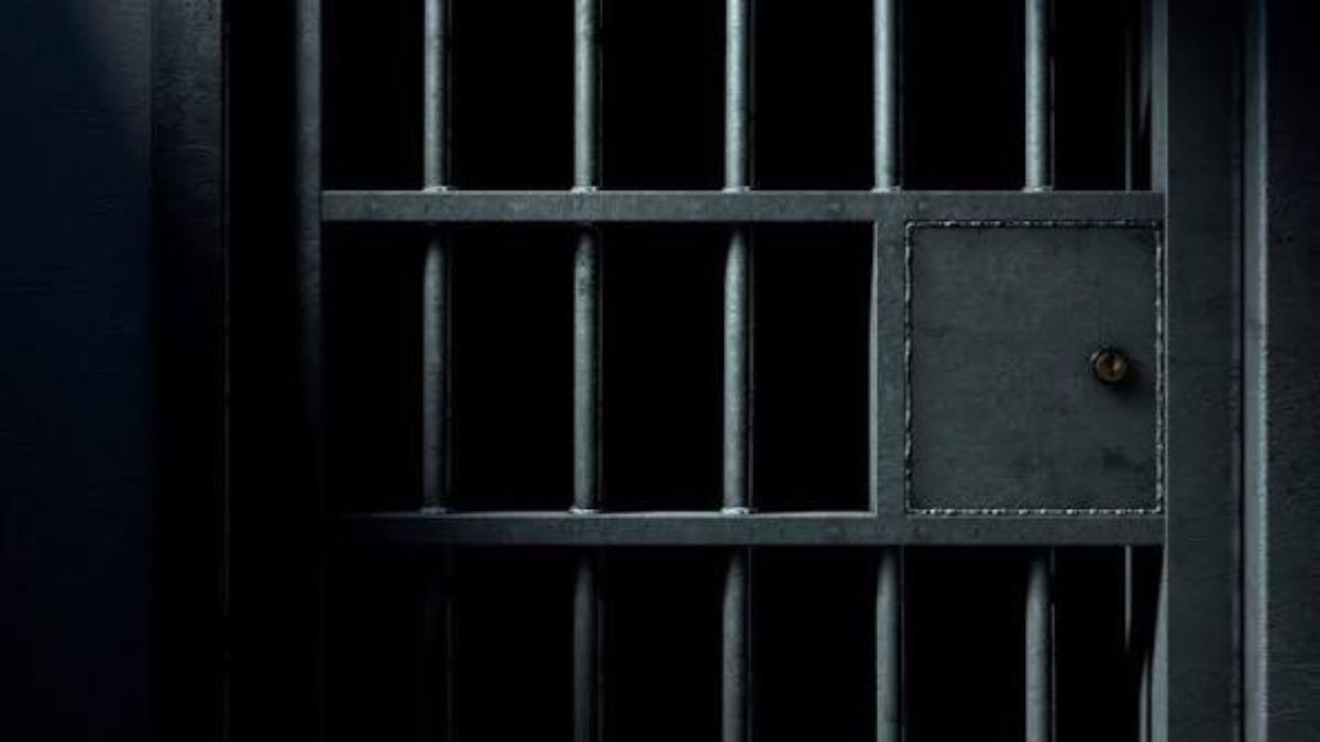 Close-up of dark metal prison bars with a small square access panel and a keyhole on the right side.