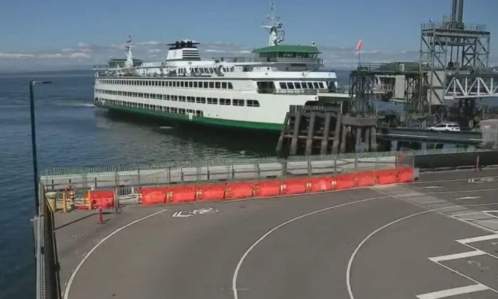 White passenger ferry docked at a pier with orange safety barriers along a curved road in the foreground.