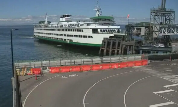 White passenger ferry docked at a pier with orange safety barriers along a curved road in the foreground.