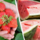 Hands cupping ripe strawberries on the left, with watermelon slices on the right split by a diagonal divider.