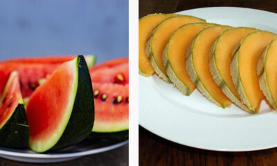 Two plates of fruit: watermelon wedges on the left and cantaloupe slices on the right (side-by-side image).