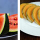 Two plates of fruit: watermelon wedges on the left and cantaloupe slices on the right (side-by-side image).