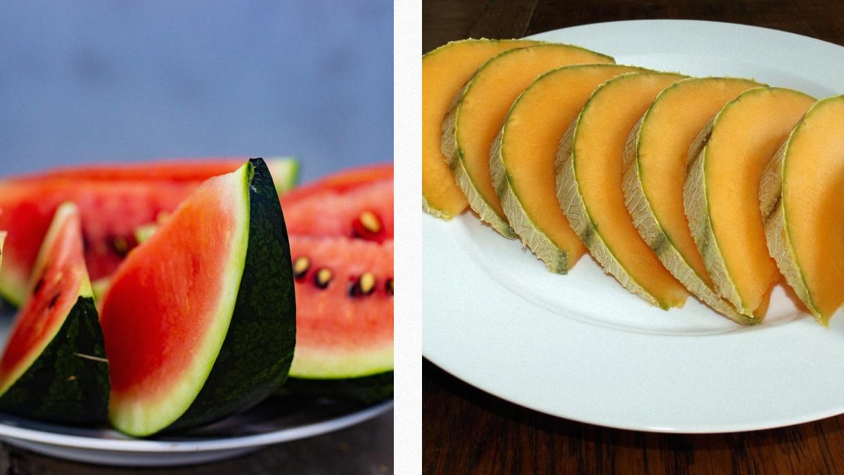 Two plates of fruit: watermelon wedges on the left and cantaloupe slices on the right (side-by-side image).
