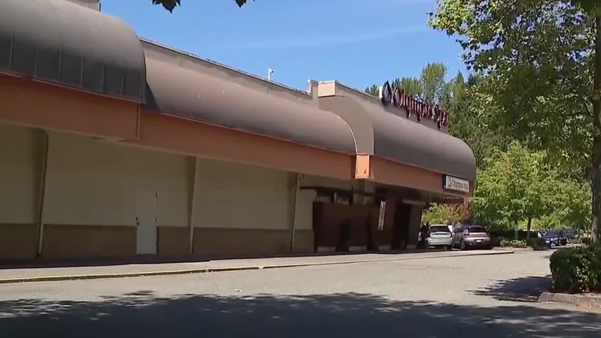 Exterior of a shopping center with a large curved brown awning and parked cars along the curb under a blue sky.
